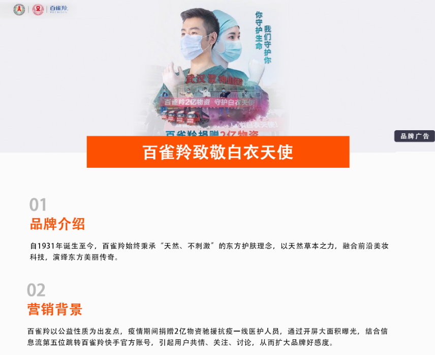 百雀羚为致敬白衣天使选择快手广告，来进行静态开屏展示提高曝光率！