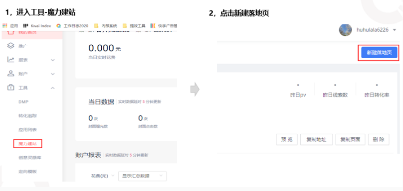 客户可通过账户后台快手广告登录入口 [工具- 魔力建站]自主创建落地页，步骤如下