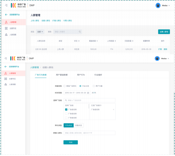 快手DMP汇聚一方、二方、三方数据，数据体系化服务于平台广告效果提升。
