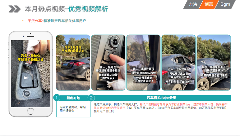 事故现场再现，契合用户看热闹心理，提升3秒播放率，事故赔偿可结合买车/汽车维修等优惠，无缝衔接引出产品。