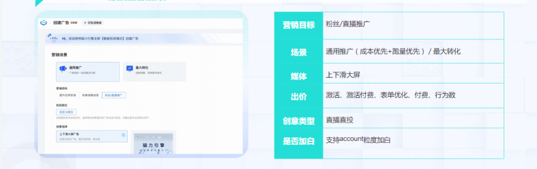 为了提升客户在直播投放中的冷启动成功率和操作效率，智能投放新增支持行业直播这一营销目标，支持直播场景的智能投放能力。