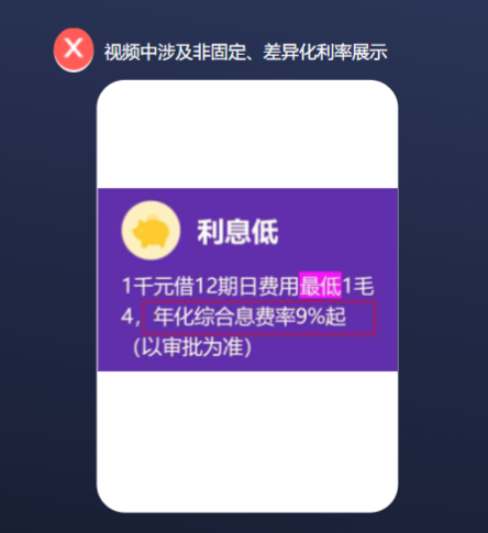 贷款类客户，封面/视频凡涉及差异化利率描述，均需以具体区间年化利率形式展示。不得使用如年利率9%起、年利率低至9%等，可使用如年化利率为9%~15.4%;