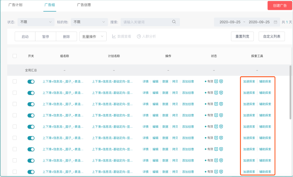 数据∶针对加速探索的广告组，独立披露加速探索数据，探索结束后点击“探索已结束”弹窗展现加速探索期间的曝光、点击、消耗等数据。