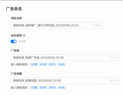 项目名称 支持启用自定义命名规则，不启用则按*默认规则创建