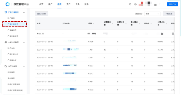 支持披露广告投后效果数据，查看路径：报表->广告效果报表->广告计划报表