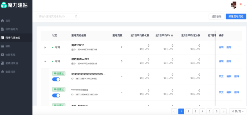 程序化落地页组列表页：魔力建站-右侧通栏支持[编辑] ，落地页明细右侧支持对单个落地页进行[删除]