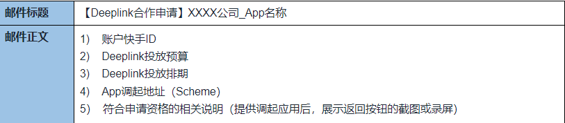 广告主将申请合作所需的相关内容提供至快手商业化运营，由快手商业化运营发起邮件，申请Deeplink合作诉求。