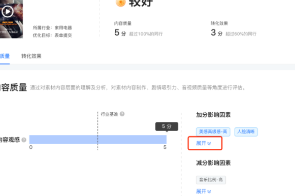通过详情页可查看内容质量&转化效果的详细分析，查看对应的加分影响因素和减分影响因素，点击[展开]可以查看更多影响因素信息。