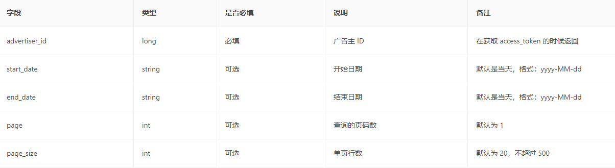获取广告账户流水信息 请求参数
