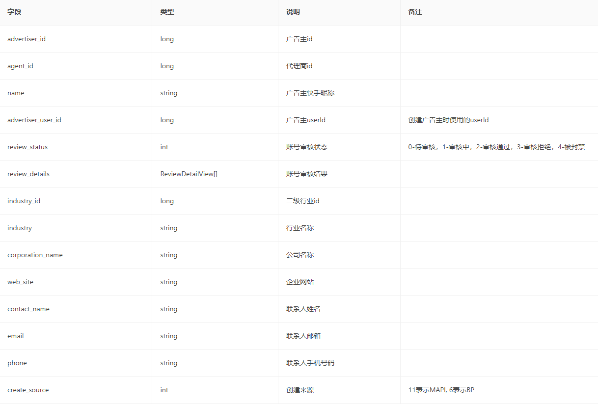 获取账号信息和开户资质 返回参数