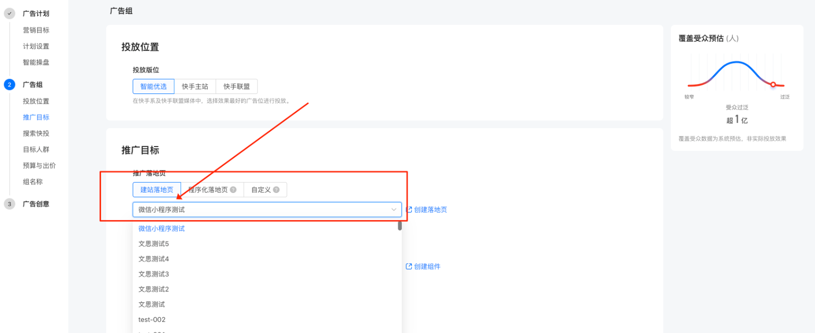 选中通过的小程序页面进行投放即可