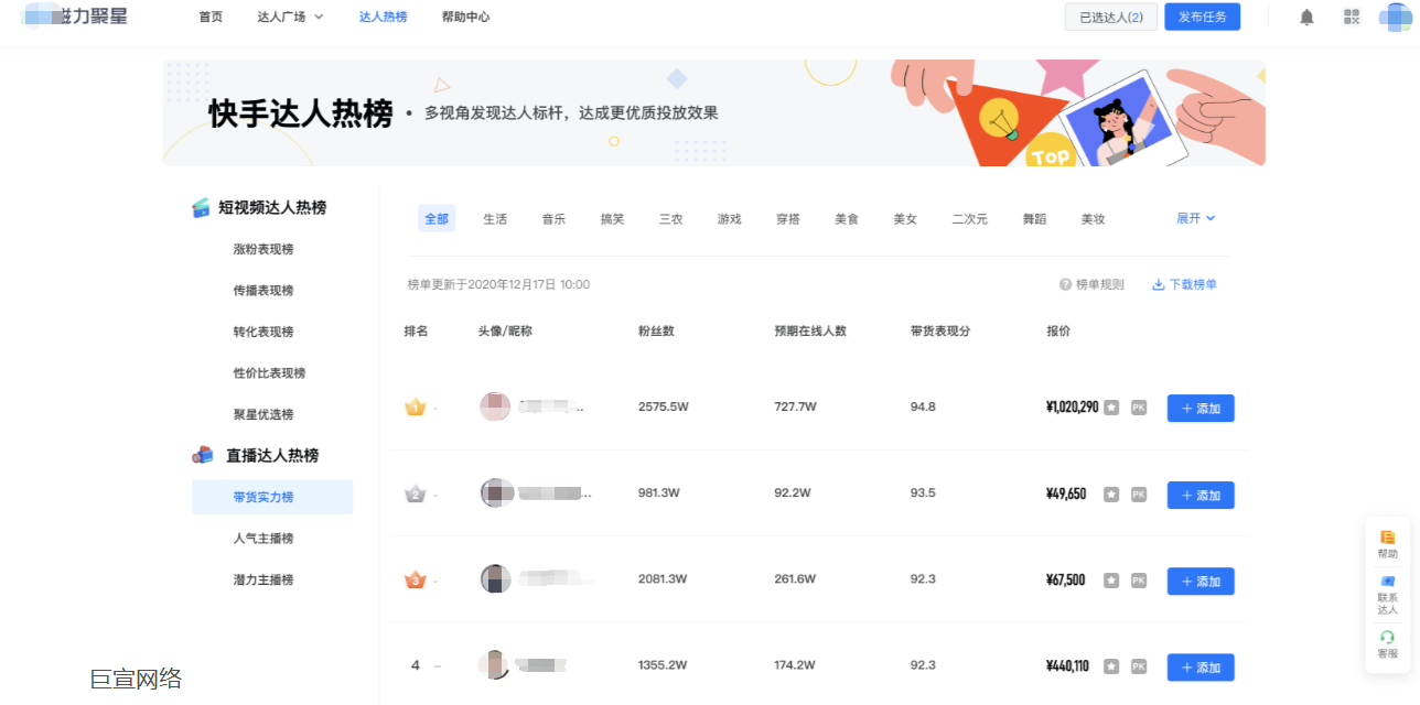 快手广告-磁力聚星达人热榜