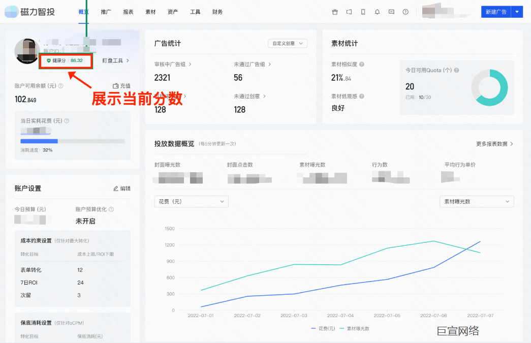 快手广告后台中账户健康分展示分数