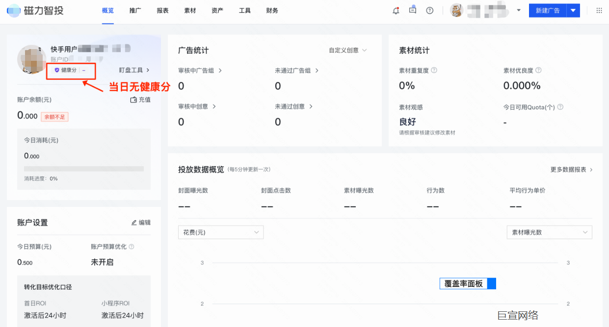 快手广告后台中账户无健康分