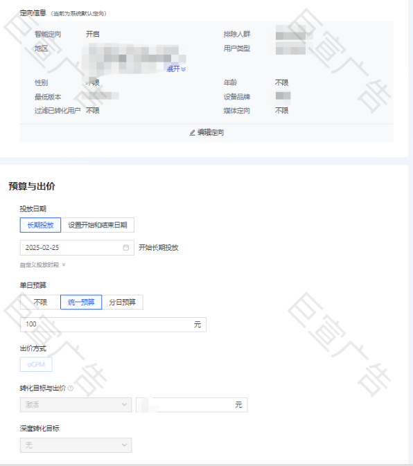 定向出价设置页面