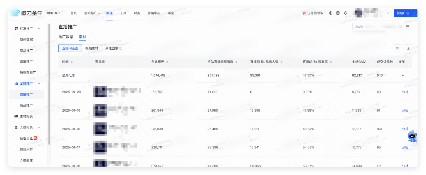 快手广告推广后台 - 基础素材数据展现