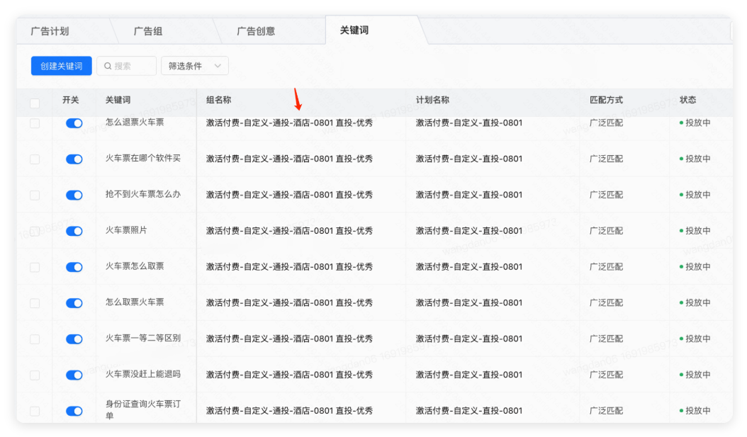 酒店推广组内放了火车票相关的关键词、视频