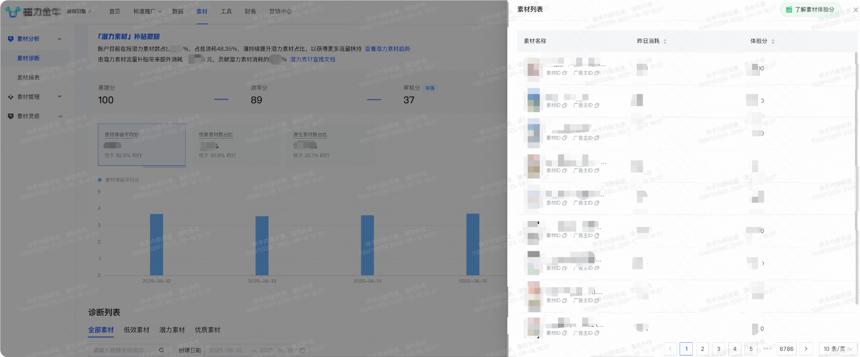 快手广告后台素材体验平均分界面