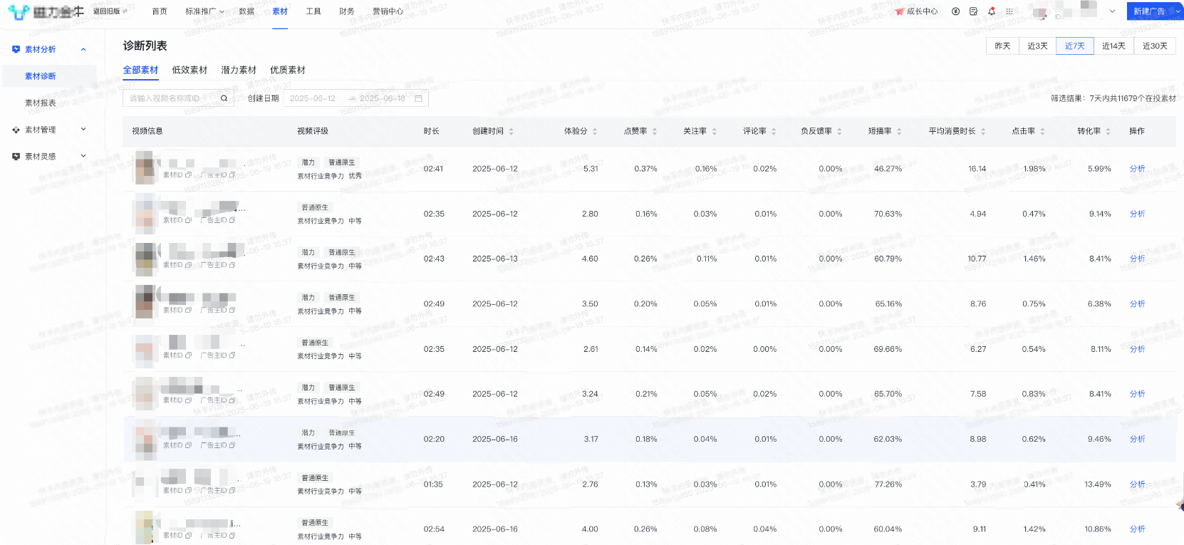 快手广告后台诊断列表界面