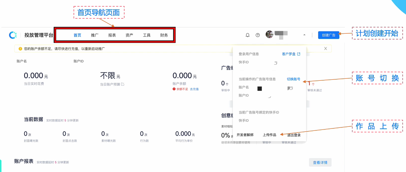 快手广告投放平台首页示例图
