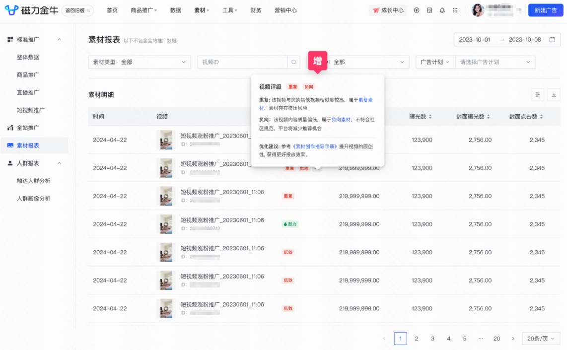 快手广告素材报表页