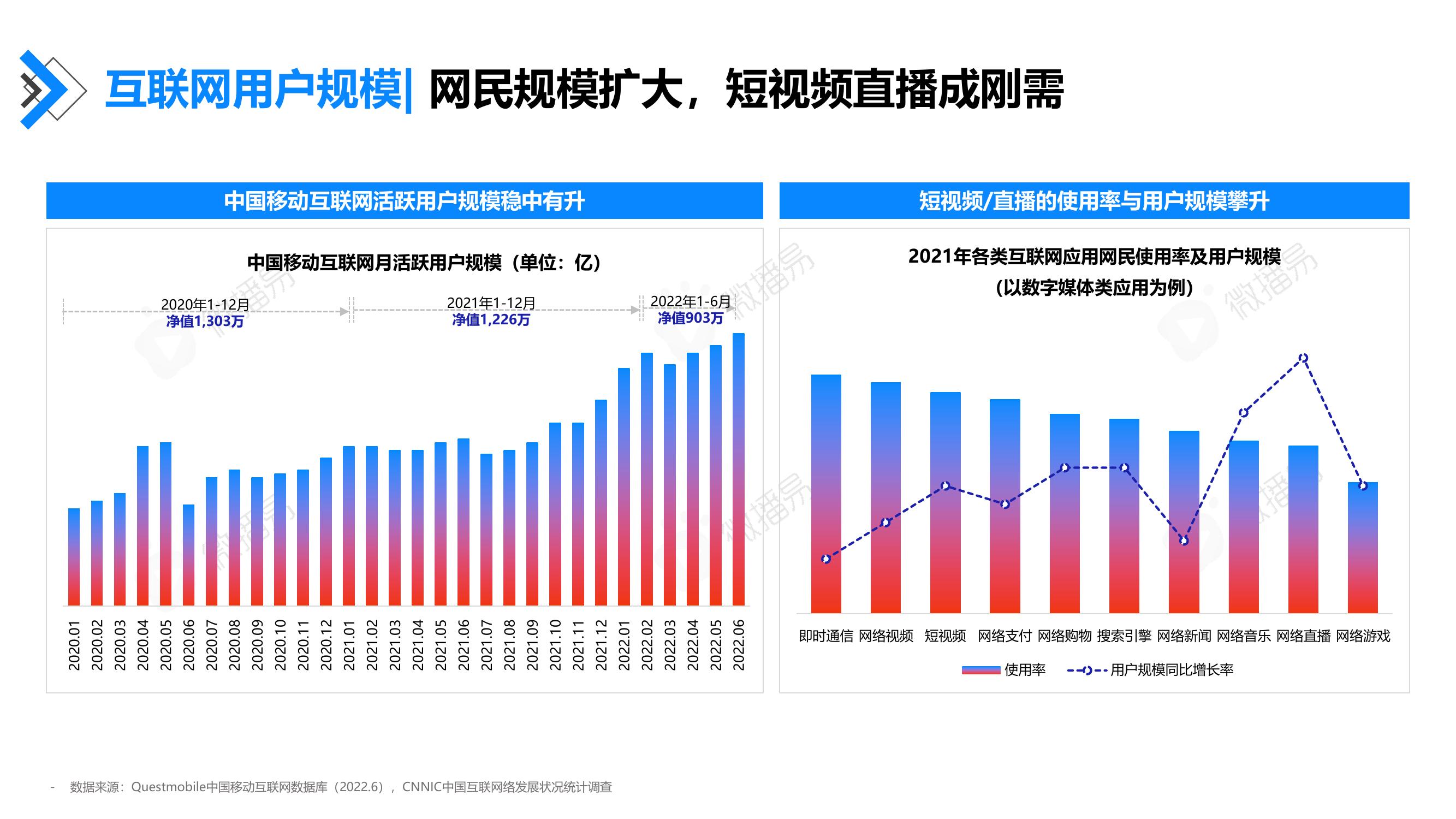 互联网用户规模：网民规模扩大，短视频直播成刚需
