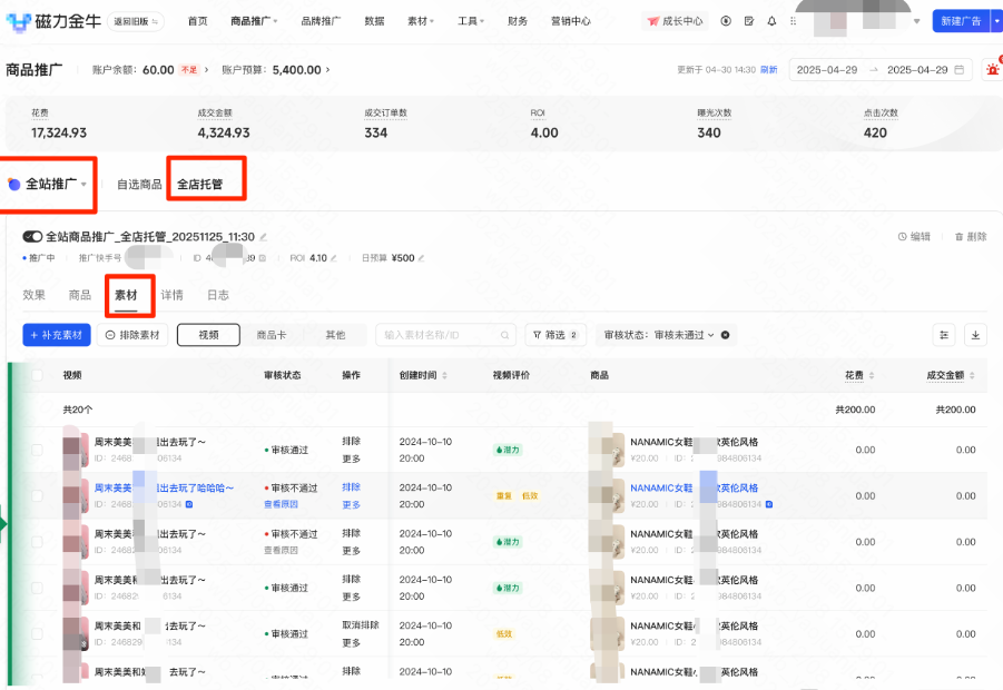 快手广告多素材数据情况